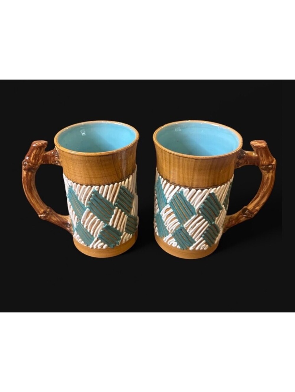 Mid Century Tikki Style Ceramic Mugs with Bamboo Handles-made In Italy